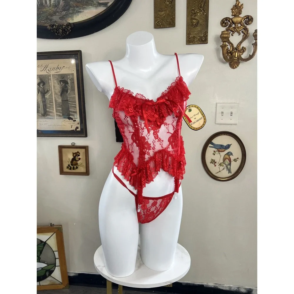 Andrea Kristoff for Escante Red Lace Corset Lingerie Set Garter Thong Small 84U